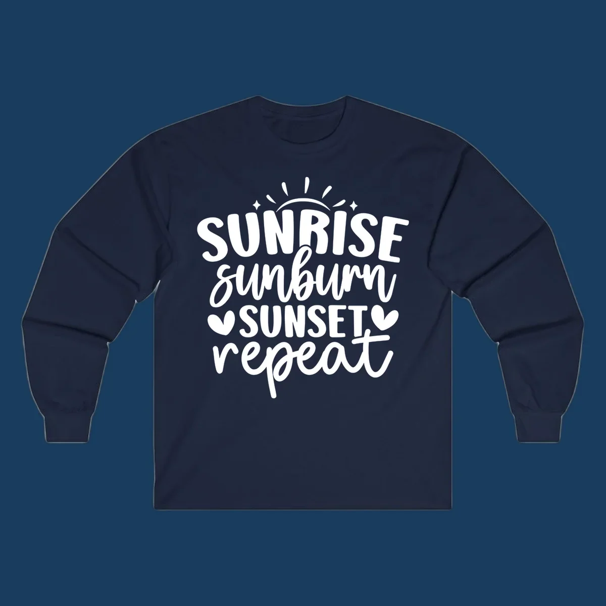 Sunrise sunburn sunset repeat text with sun rays and heart symbols.