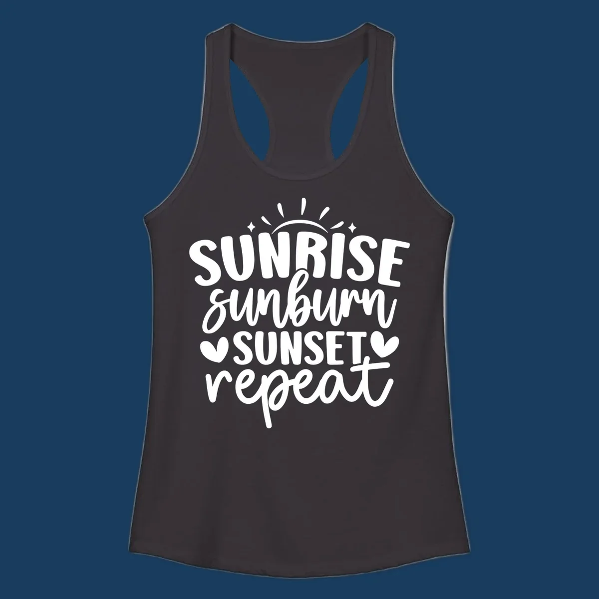 Sunrise sunburn sunset repeat text with sun rays and heart symbols.