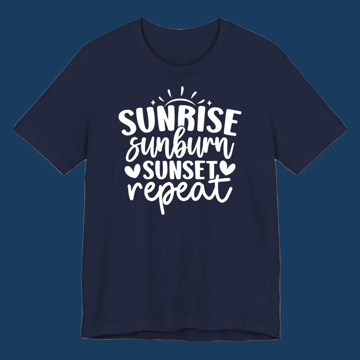 Sunrise sunburn sunset repeat text with sun rays and heart symbols.