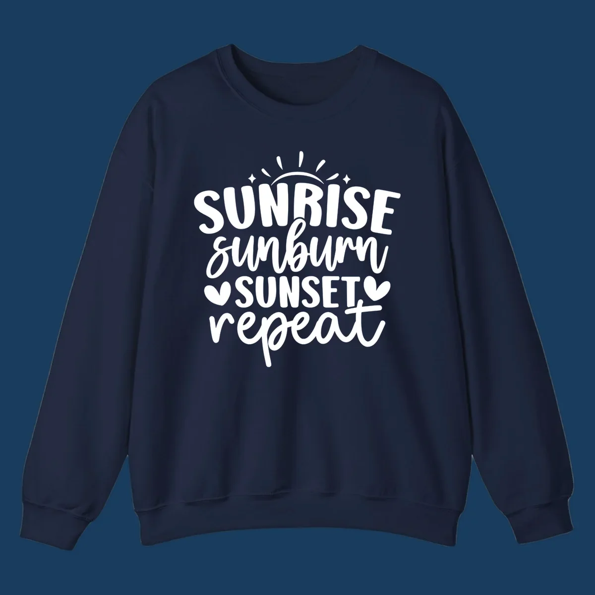 Sunrise sunburn sunset repeat text with sun rays and heart symbols.