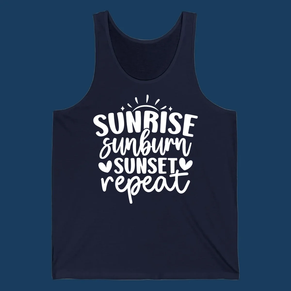 Sunrise sunburn sunset repeat text with sun rays and heart symbols.