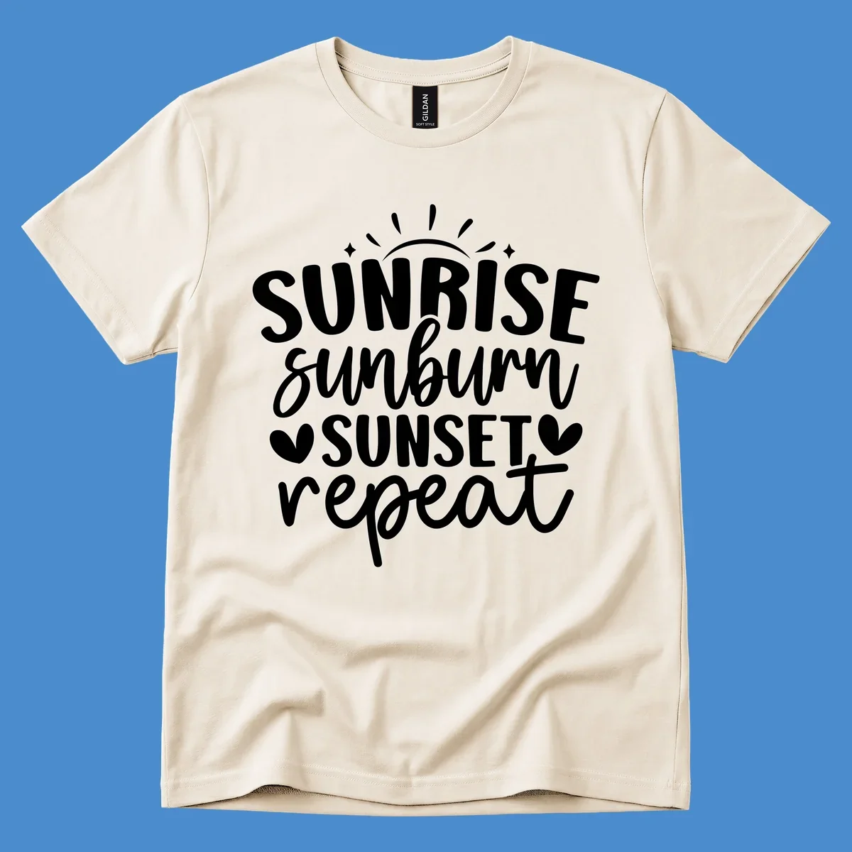 Sunrise sunburn sunset repeat text with sun rays and heart symbols.