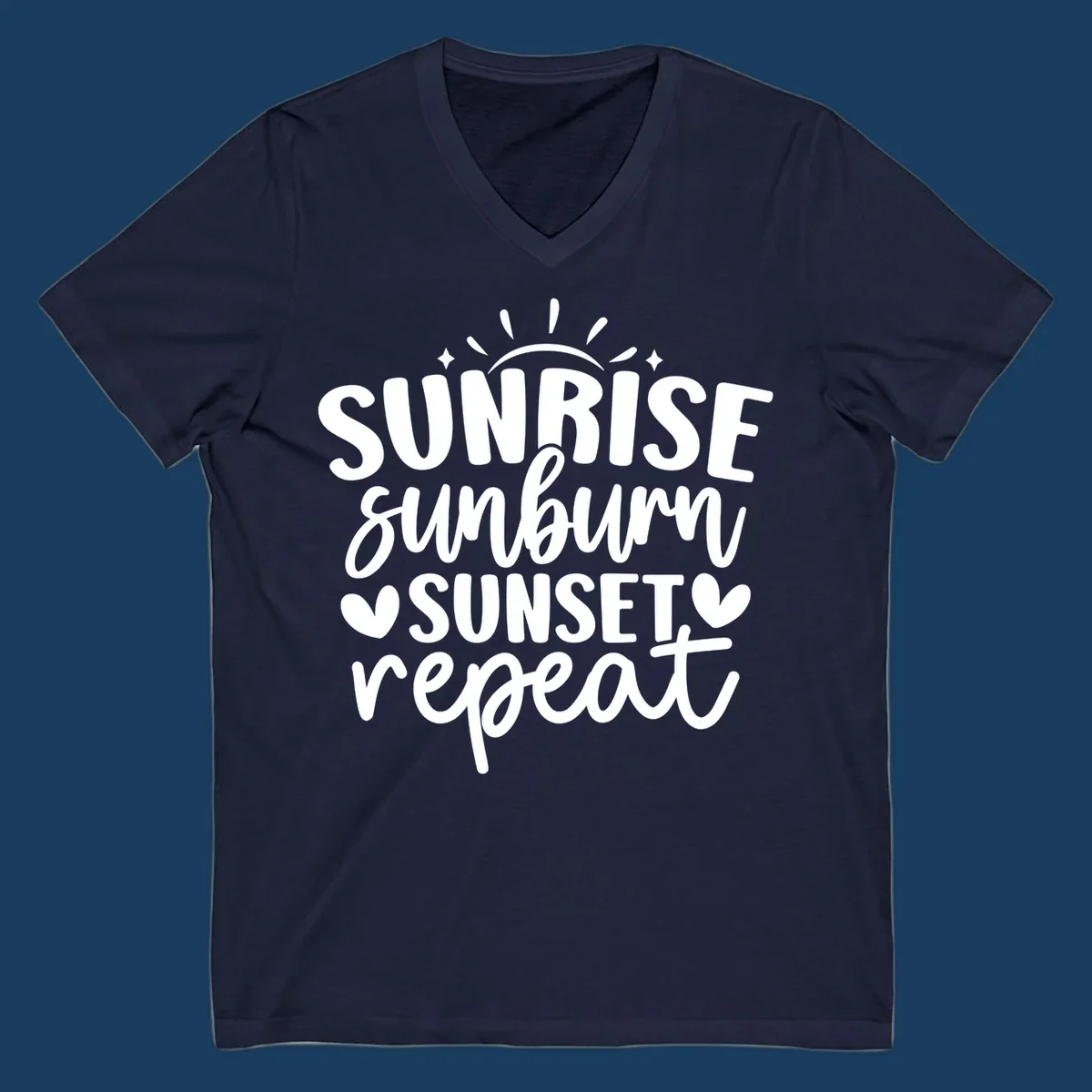 Sunrise sunburn sunset repeat text with sun rays and heart symbols.