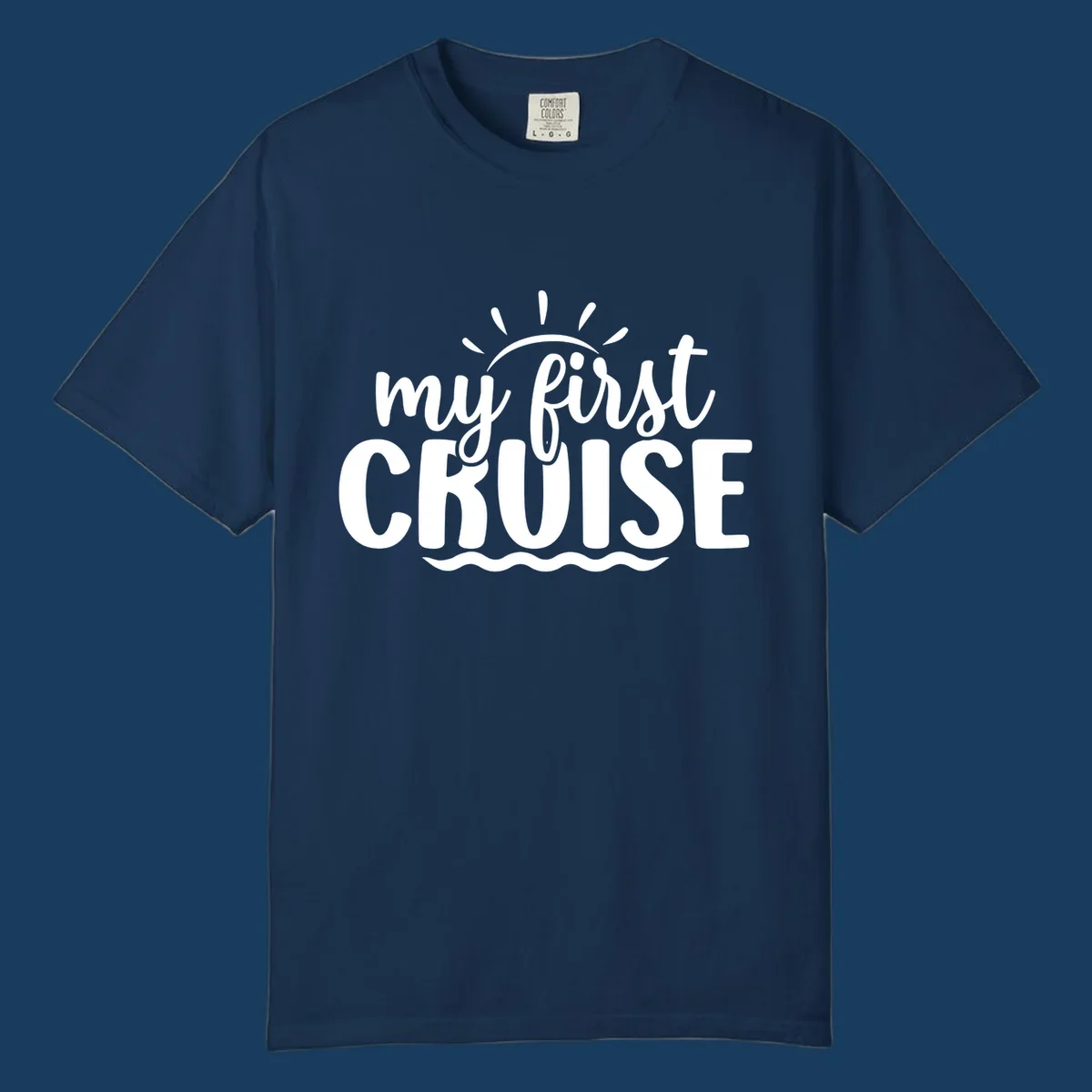 My First Cruise Announcement design featuring text, sun rays, and ocean waves.