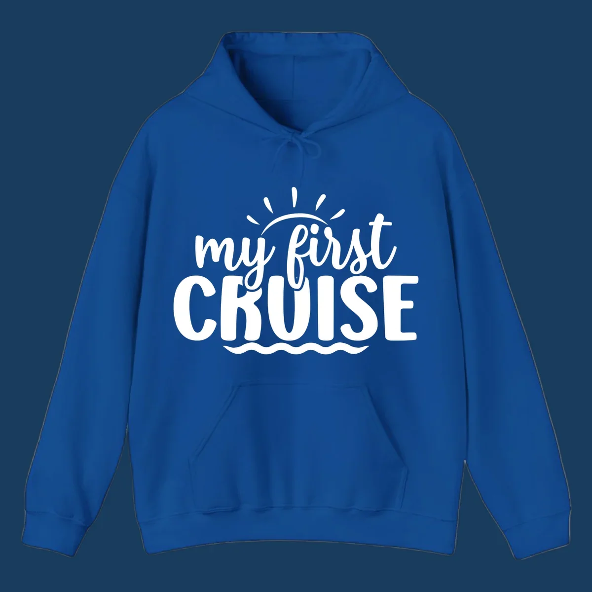 My First Cruise Announcement design featuring text, sun rays, and ocean waves.