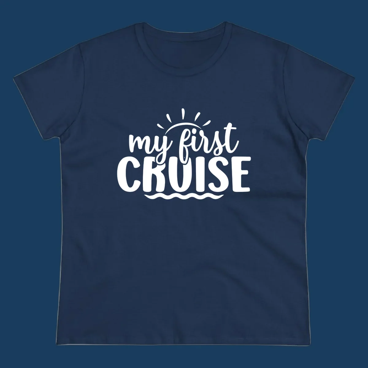 My First Cruise Announcement design featuring text, sun rays, and ocean waves.