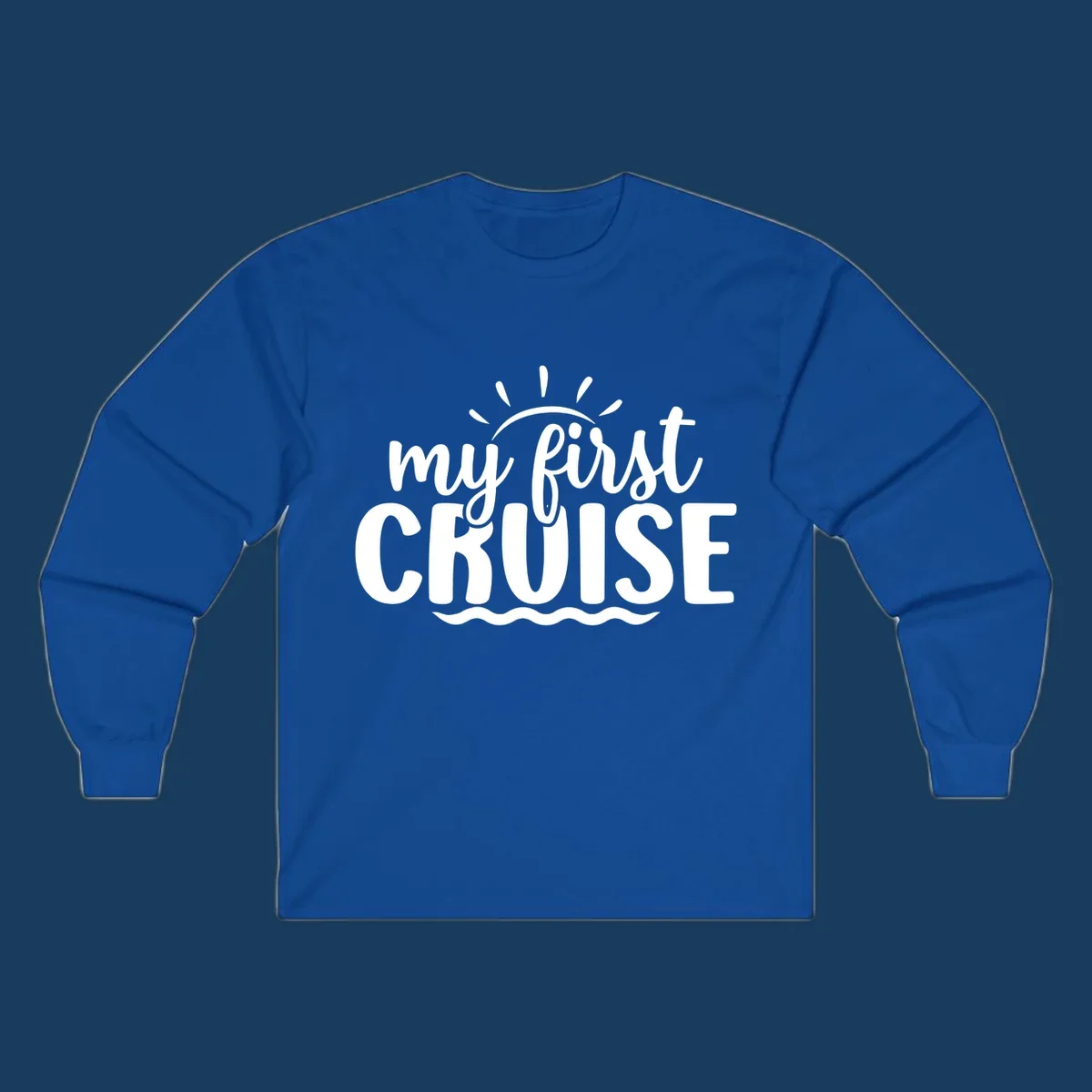 My First Cruise Announcement design featuring text, sun rays, and ocean waves.