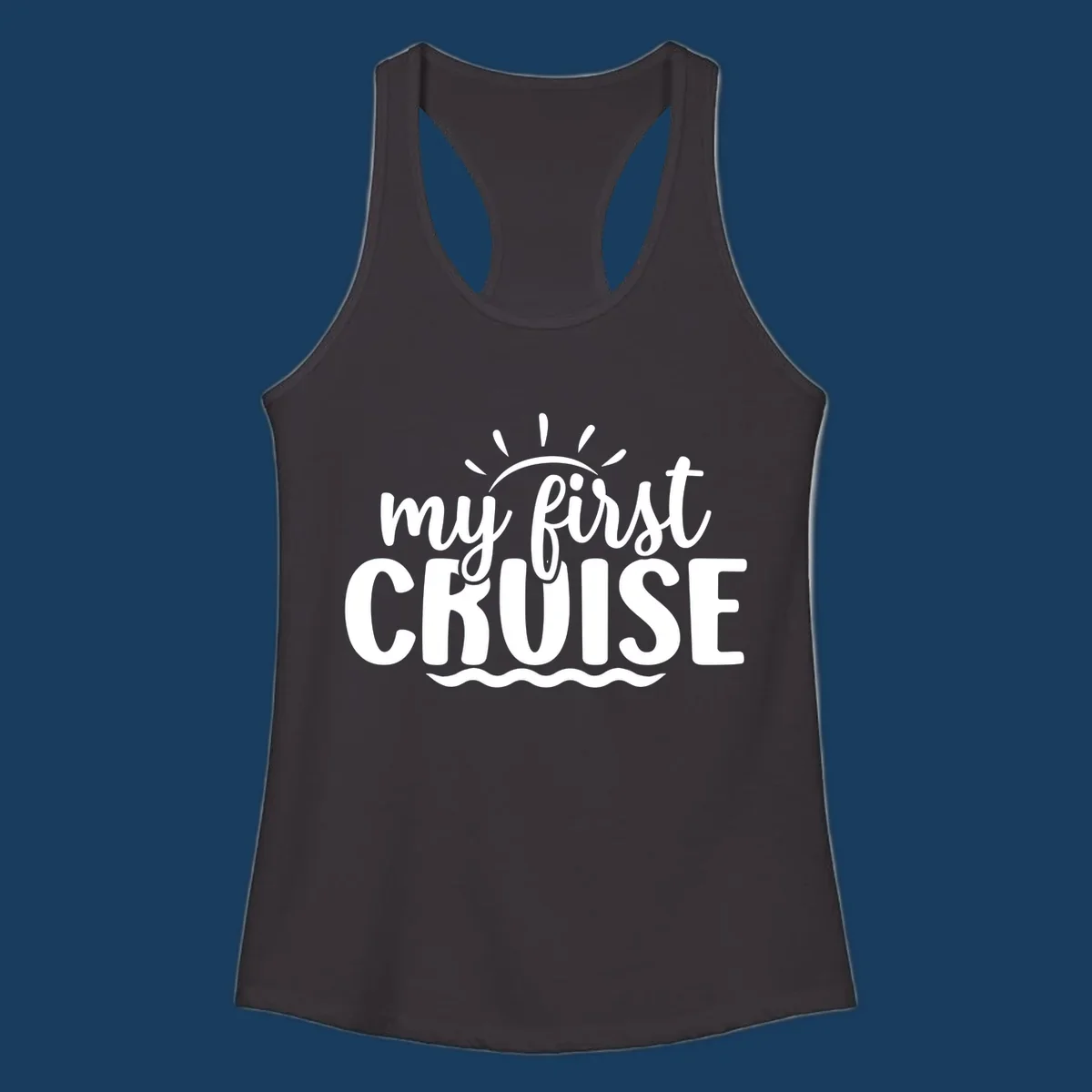 My First Cruise Announcement design featuring text, sun rays, and ocean waves.