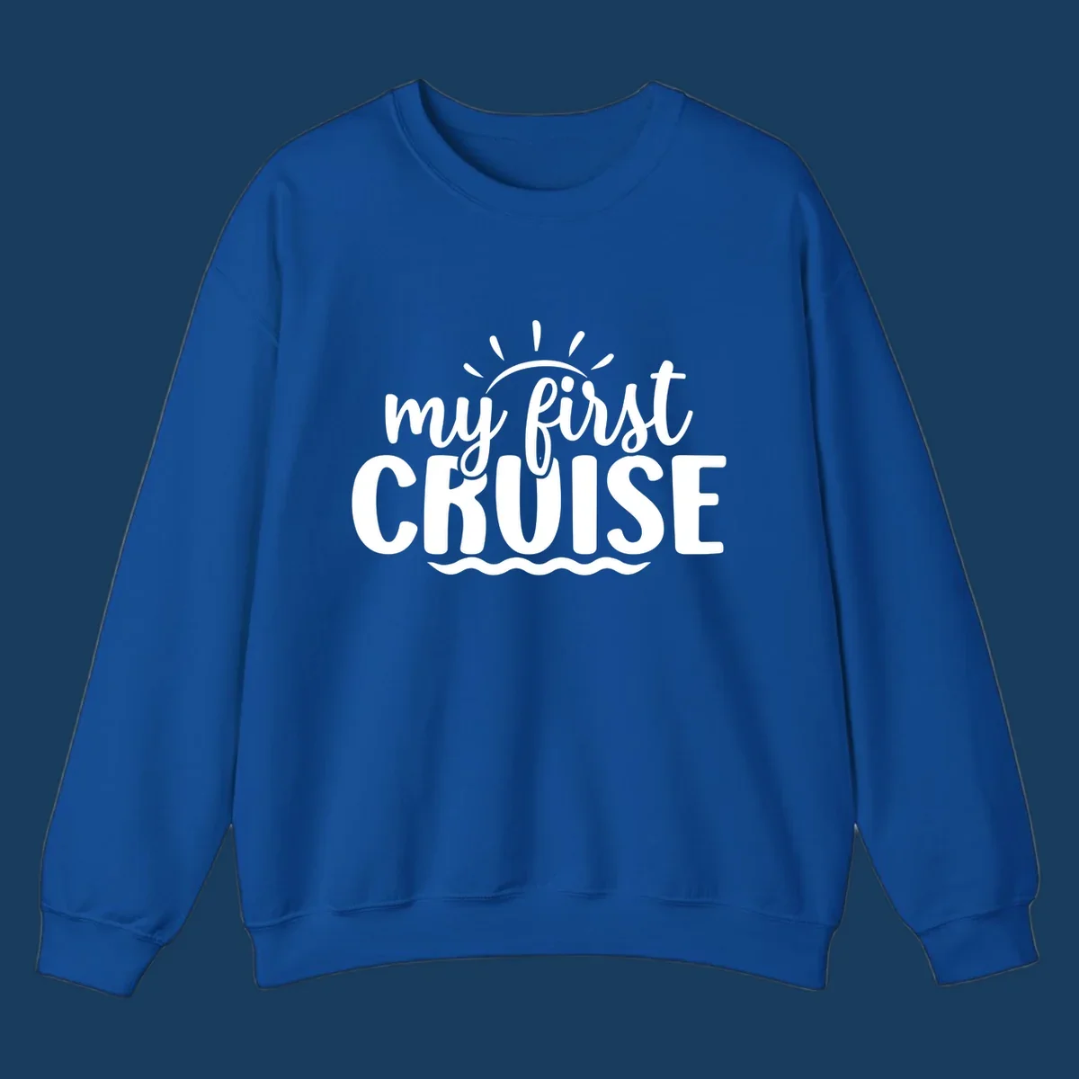 My First Cruise Announcement design featuring text, sun rays, and ocean waves.