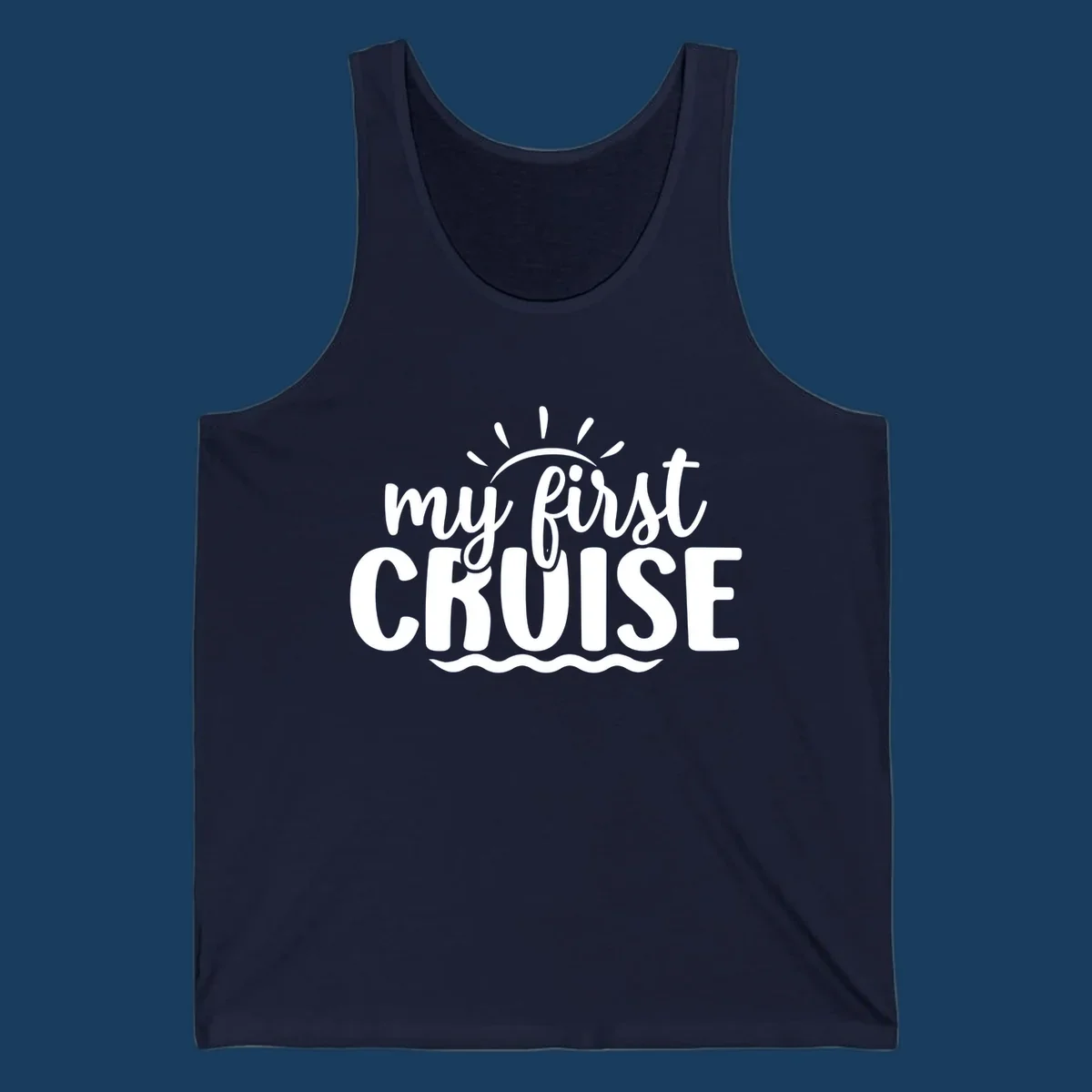 My First Cruise Announcement design featuring text, sun rays, and ocean waves.