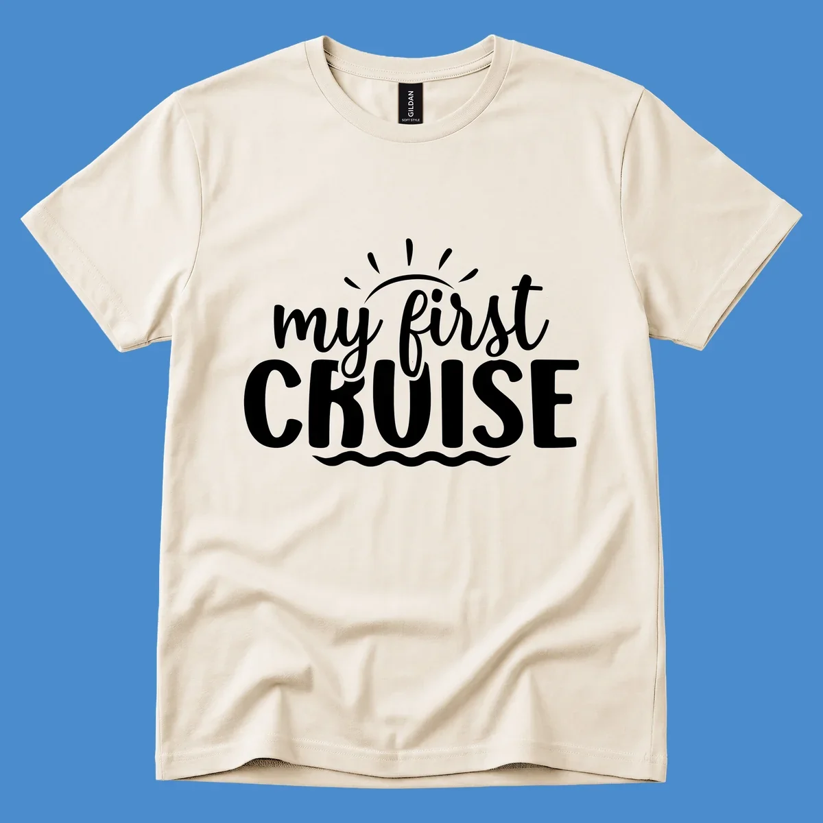 My First Cruise Announcement design featuring text, sun rays, and ocean waves.