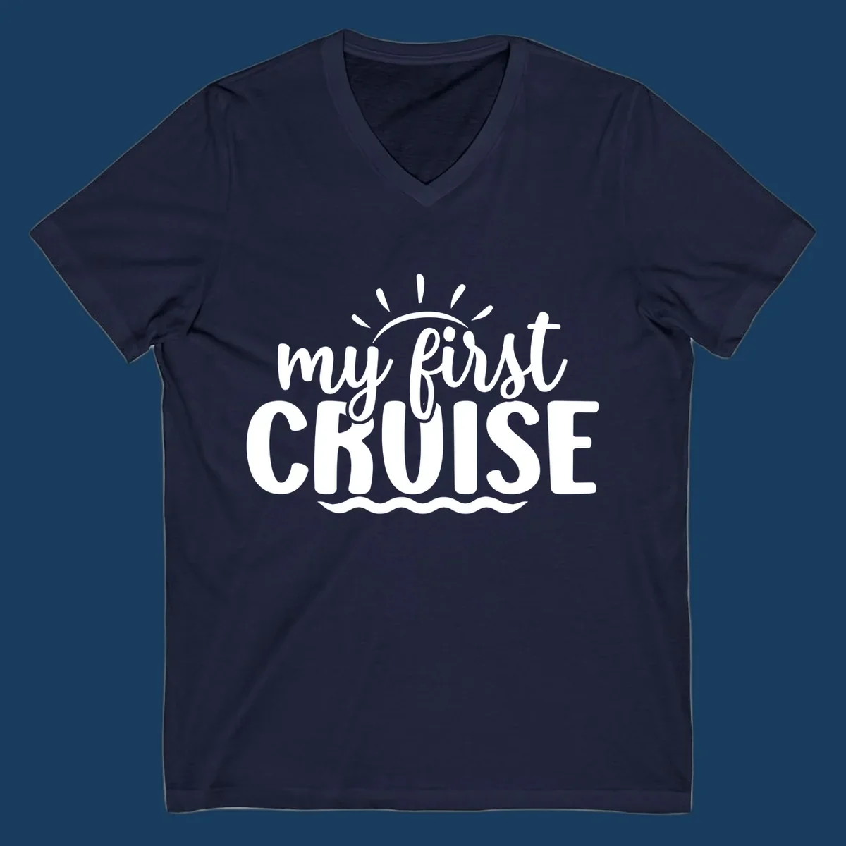 My First Cruise Announcement design featuring text, sun rays, and ocean waves.
