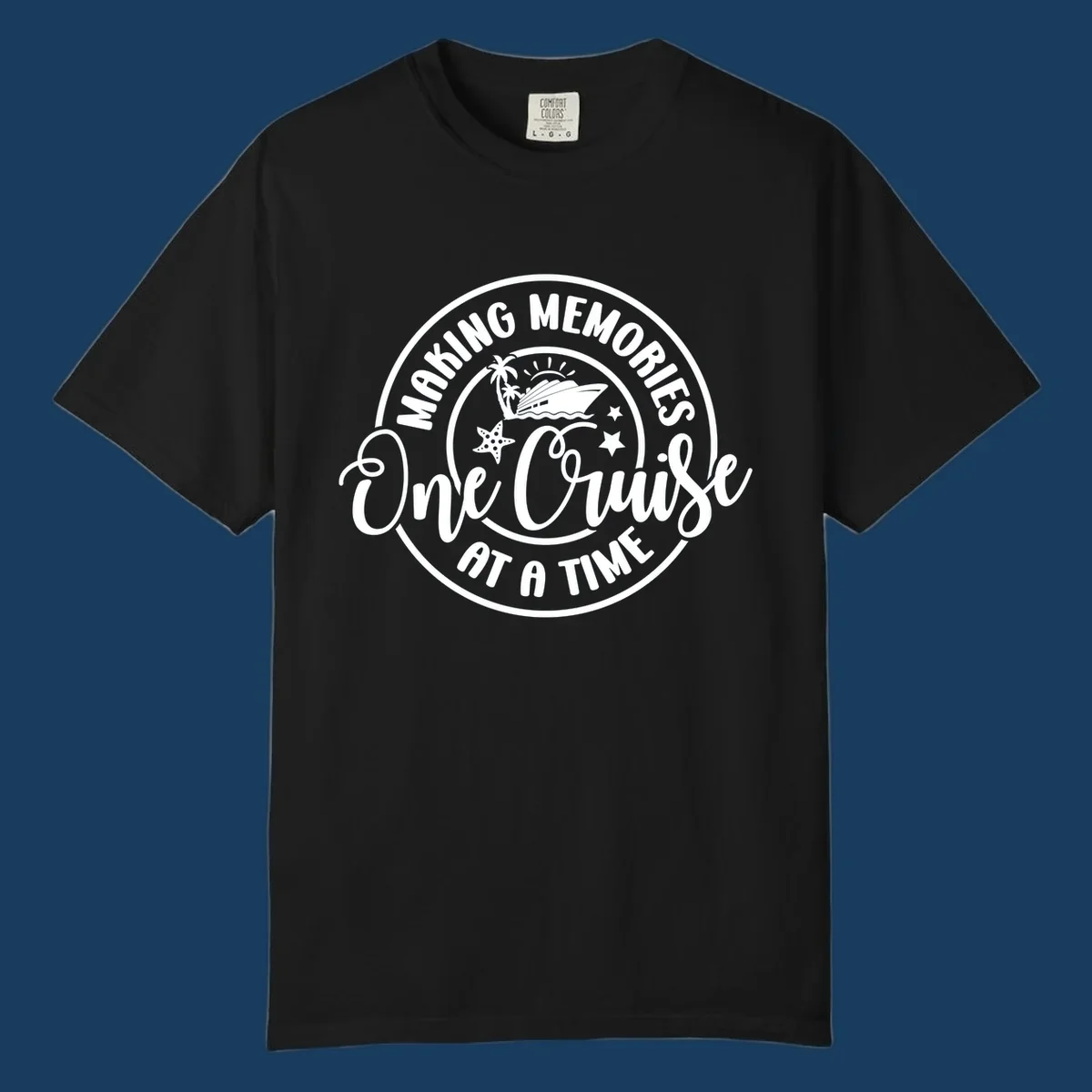 Making memories one cruise at a time badge with cruise ship, palm trees, and starfish. White on black and black on white.