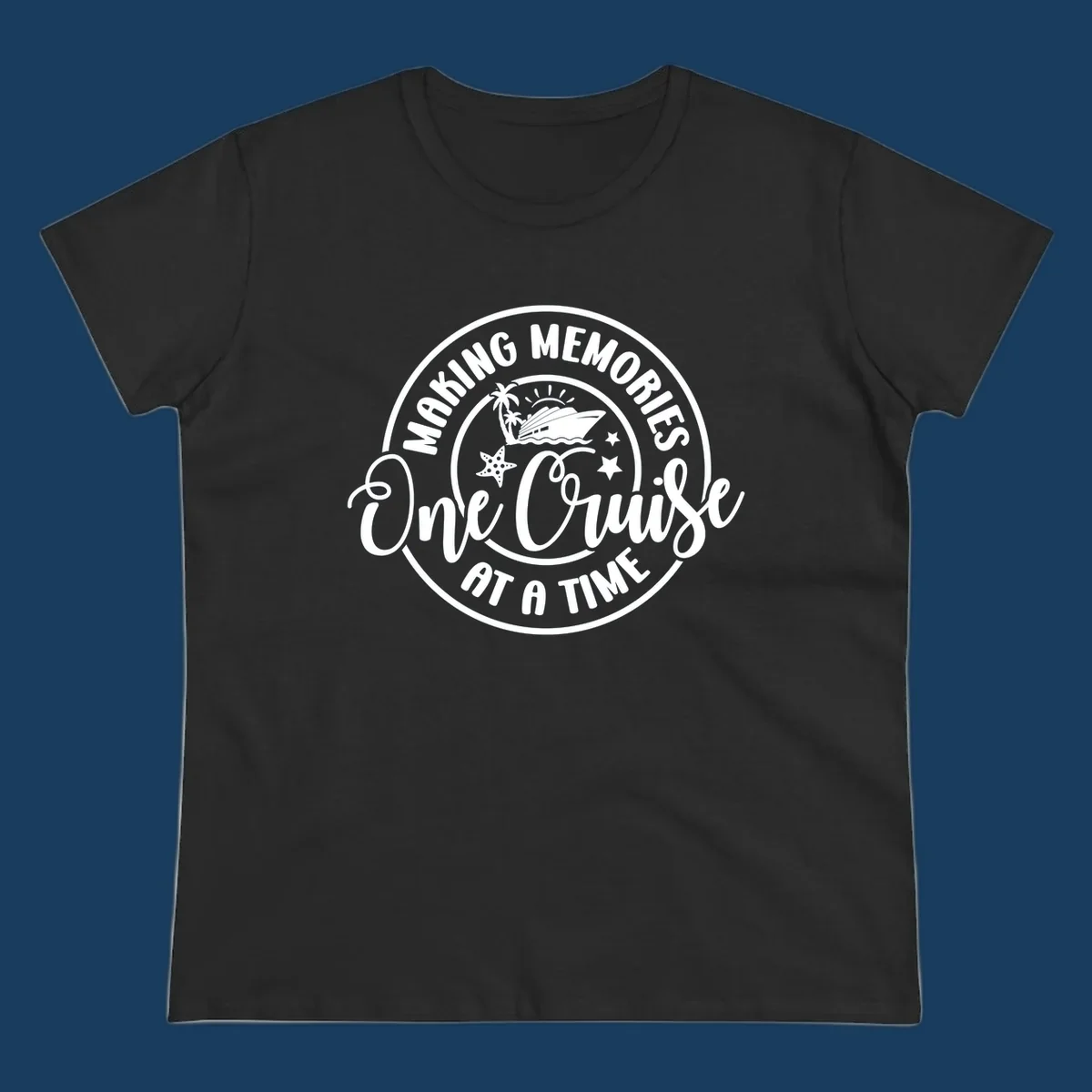 Making memories one cruise at a time badge with cruise ship, palm trees, and starfish. White on black and black on white.