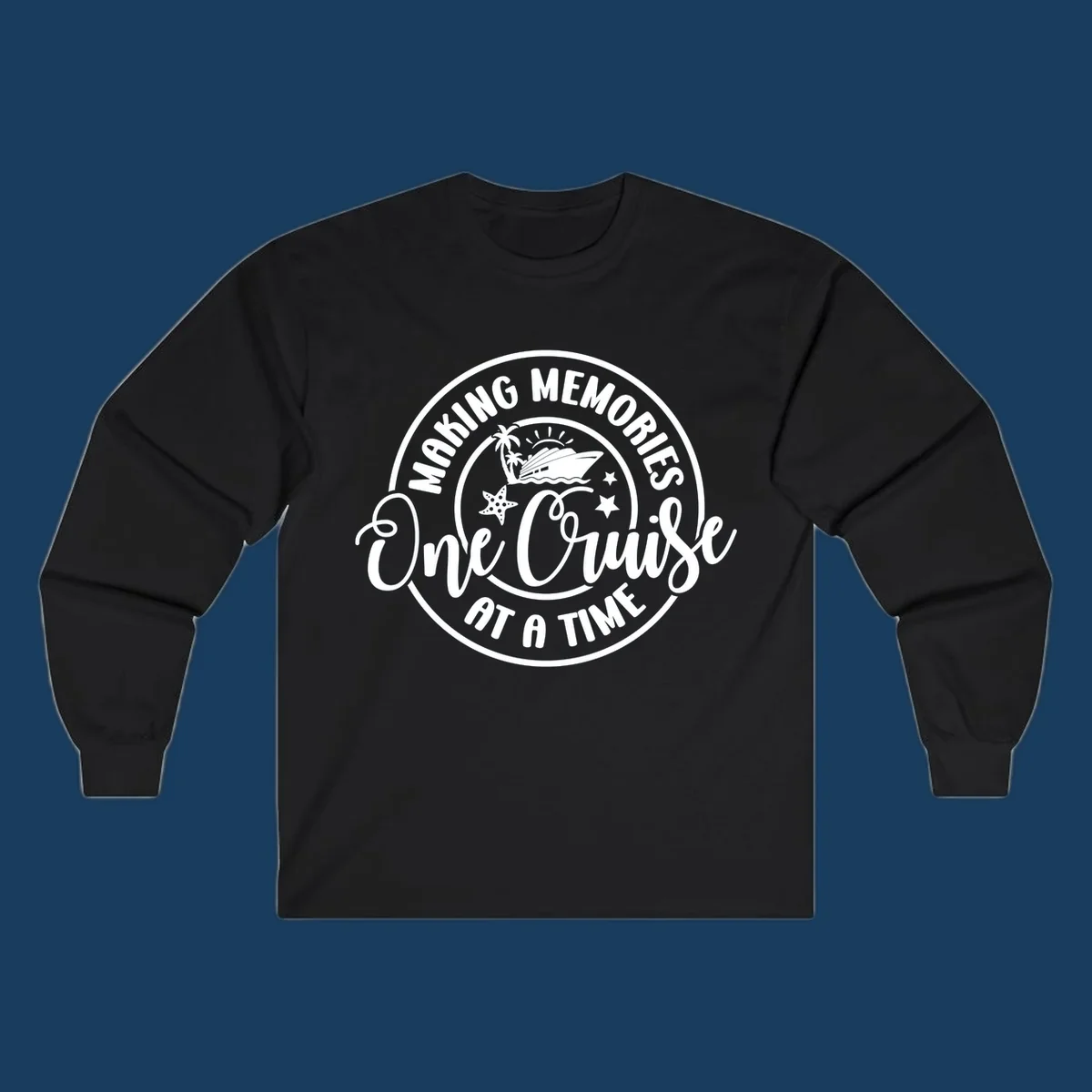 Making memories one cruise at a time badge with cruise ship, palm trees, and starfish. White on black and black on white.