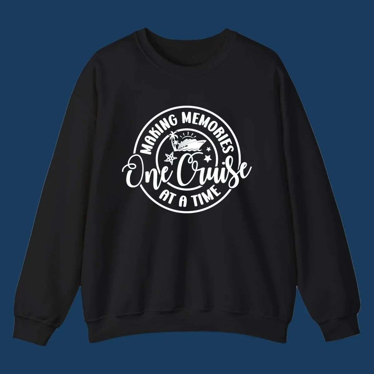 Making memories one cruise at a time badge with cruise ship, palm trees, and starfish. White on black and black on white.