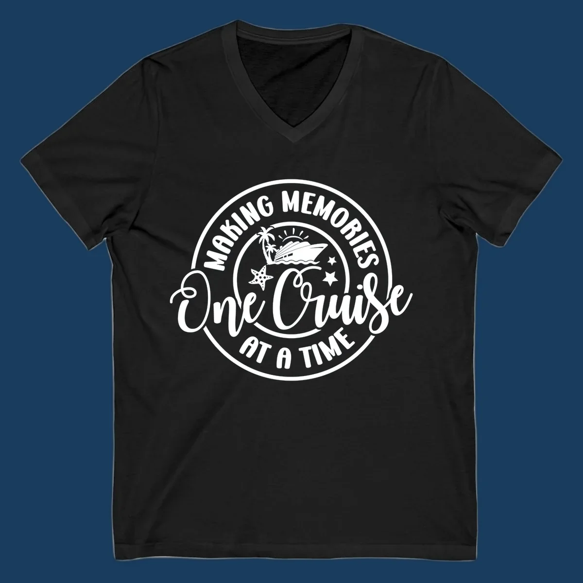 Making memories one cruise at a time badge with cruise ship, palm trees, and starfish. White on black and black on white.