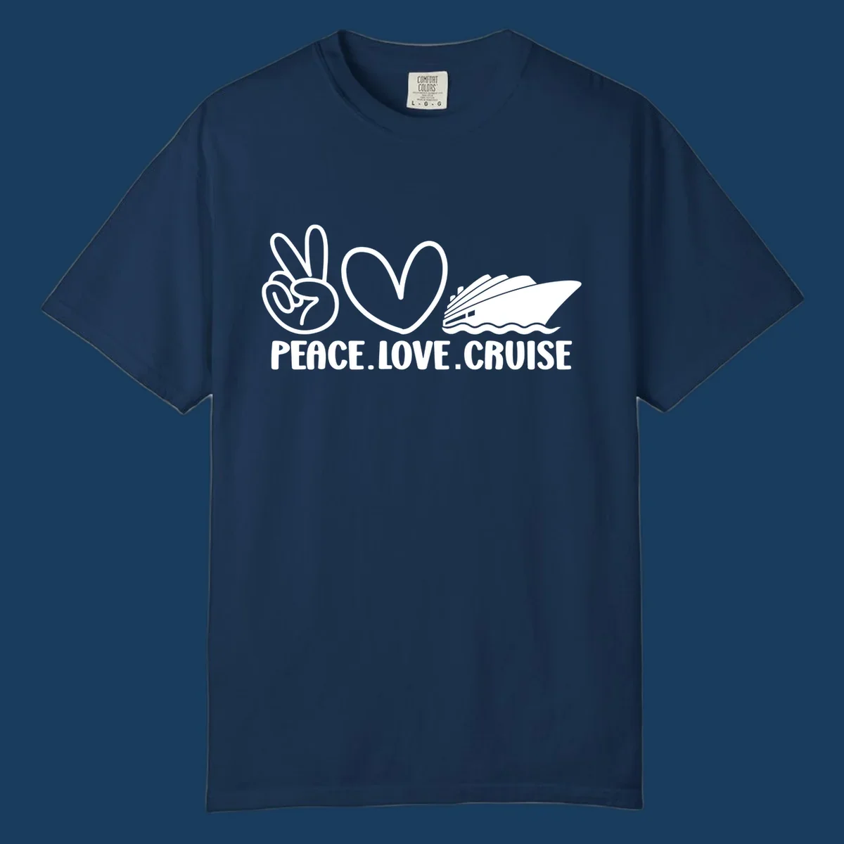 Peace sign, heart, and cruise ship with text PEACE LOVE CRUISE. Peace love cruise concept.