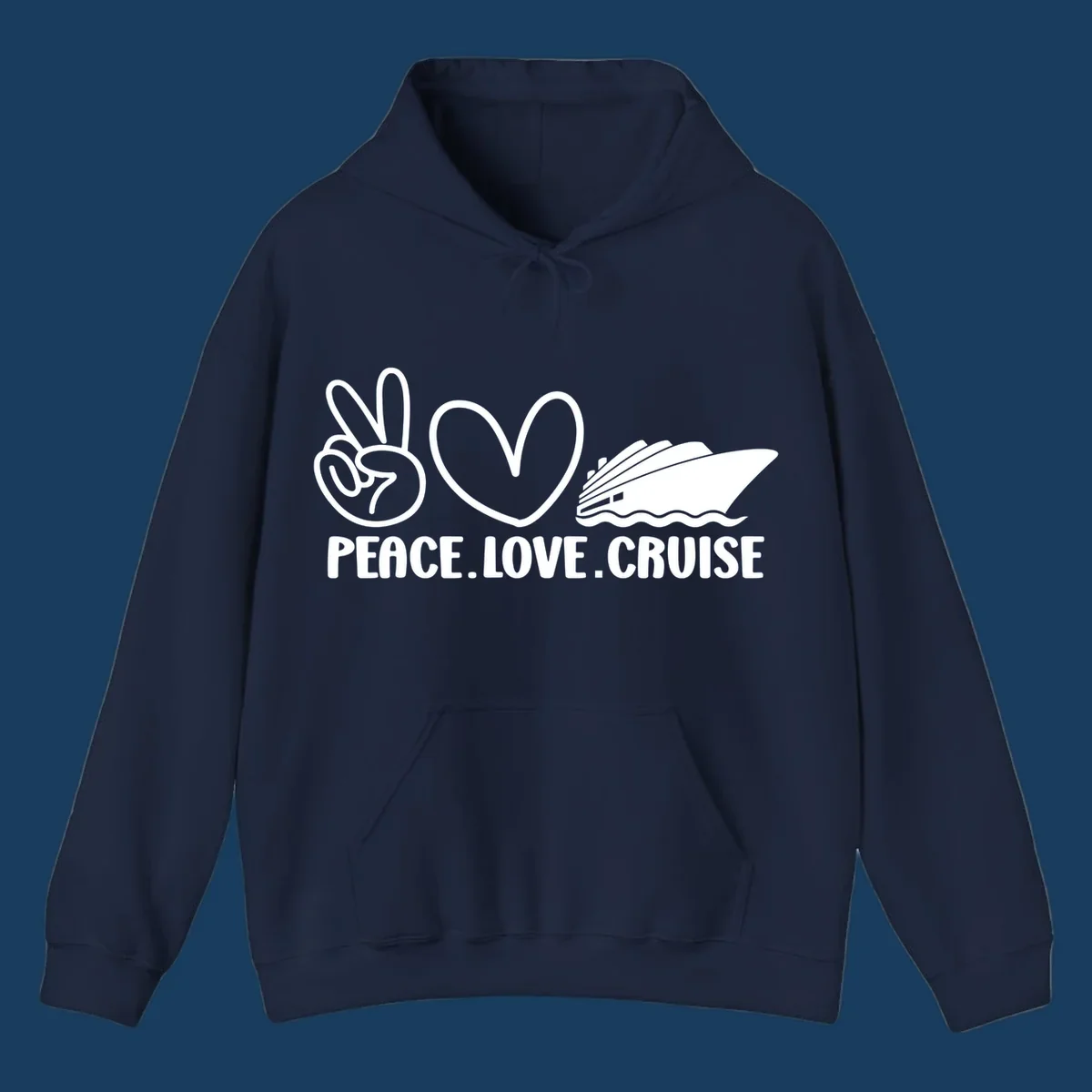 Peace sign, heart, and cruise ship with text PEACE LOVE CRUISE. Peace love cruise concept.