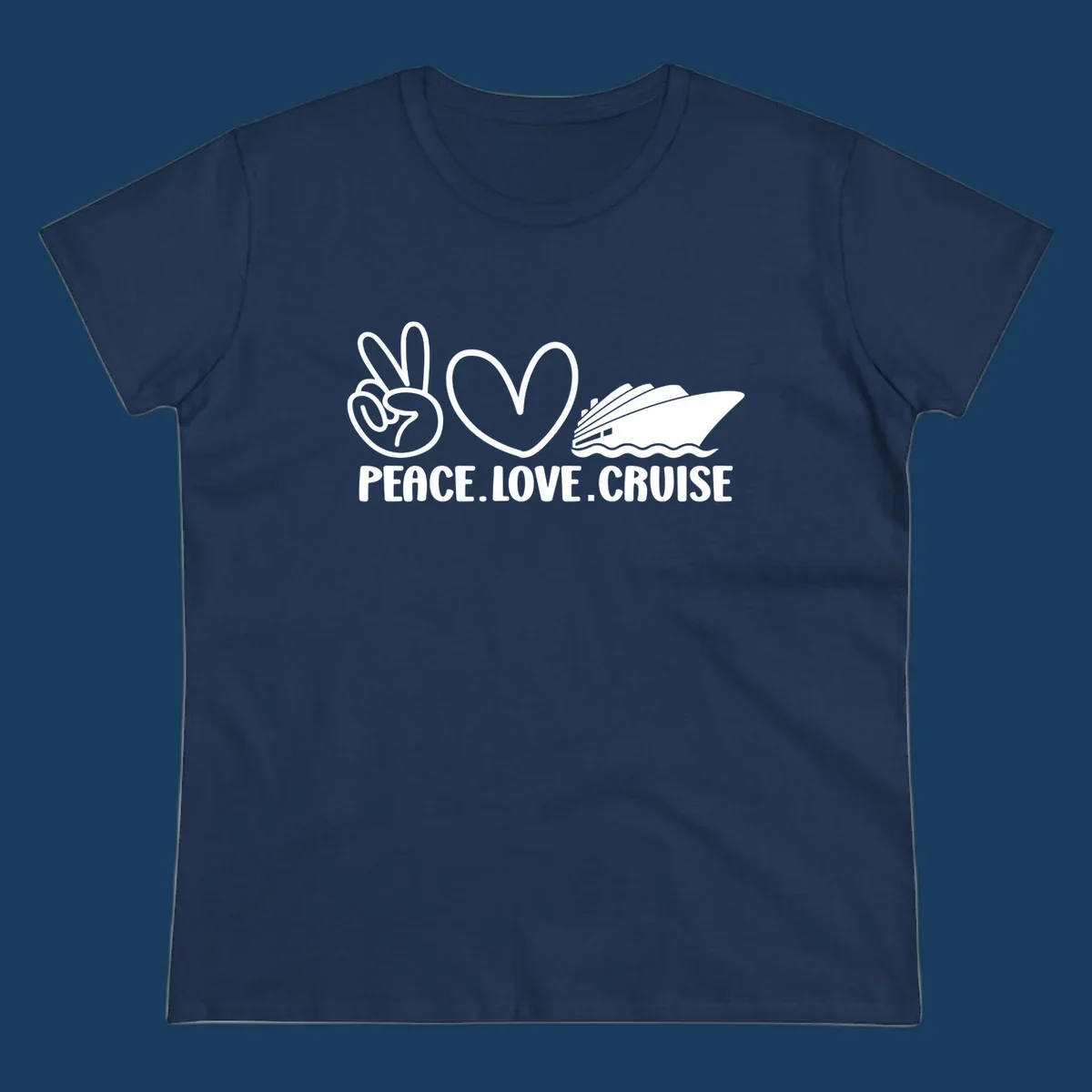 Peace sign, heart, and cruise ship with text PEACE LOVE CRUISE. Peace love cruise concept.