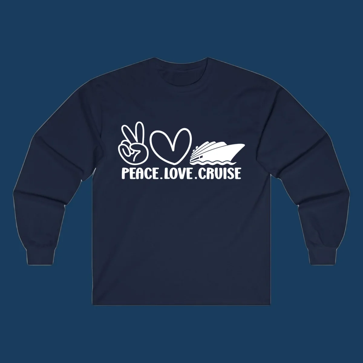 Peace sign, heart, and cruise ship with text PEACE LOVE CRUISE. Peace love cruise concept.