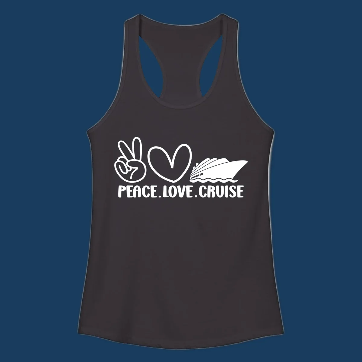 Peace sign, heart, and cruise ship with text PEACE LOVE CRUISE. Peace love cruise concept.