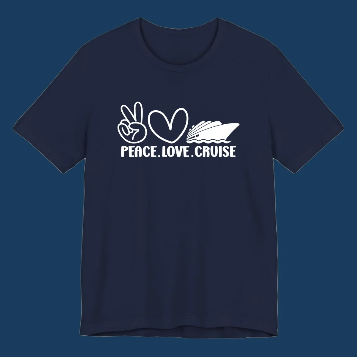 Peace sign, heart, and cruise ship with text PEACE LOVE CRUISE. Peace love cruise concept.
