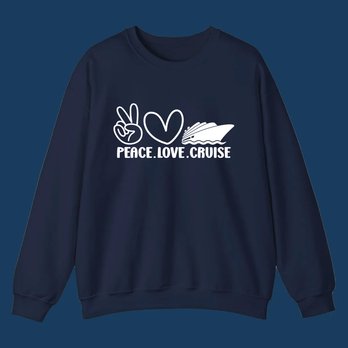 Peace sign, heart, and cruise ship with text PEACE LOVE CRUISE. Peace love cruise concept.