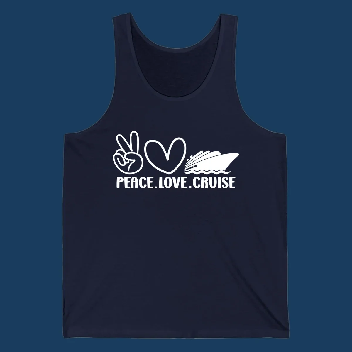 Peace sign, heart, and cruise ship with text PEACE LOVE CRUISE. Peace love cruise concept.