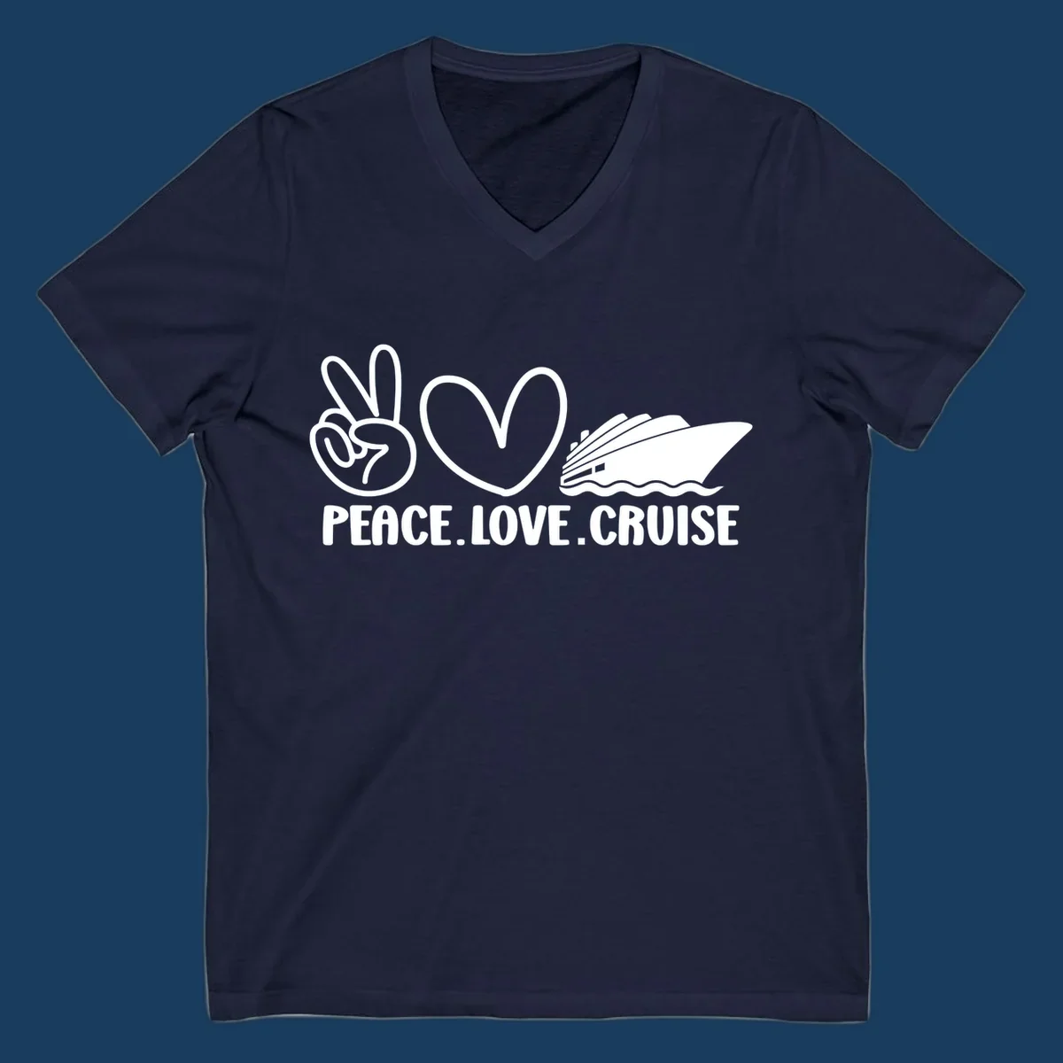 Peace sign, heart, and cruise ship with text PEACE LOVE CRUISE. Peace love cruise concept.