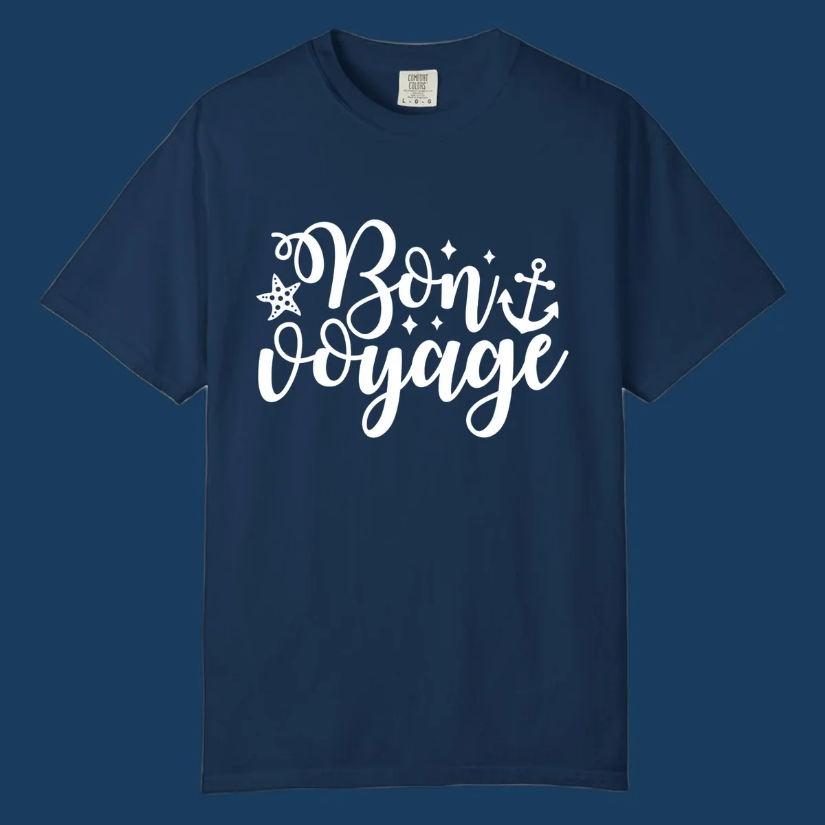 Bon voyage nautical design with starfish and anchor text.