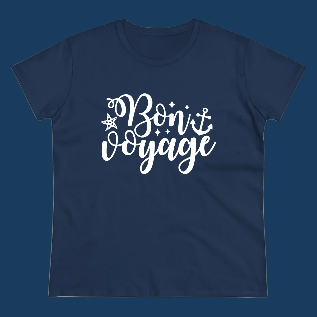 Bon voyage nautical design with starfish and anchor text.