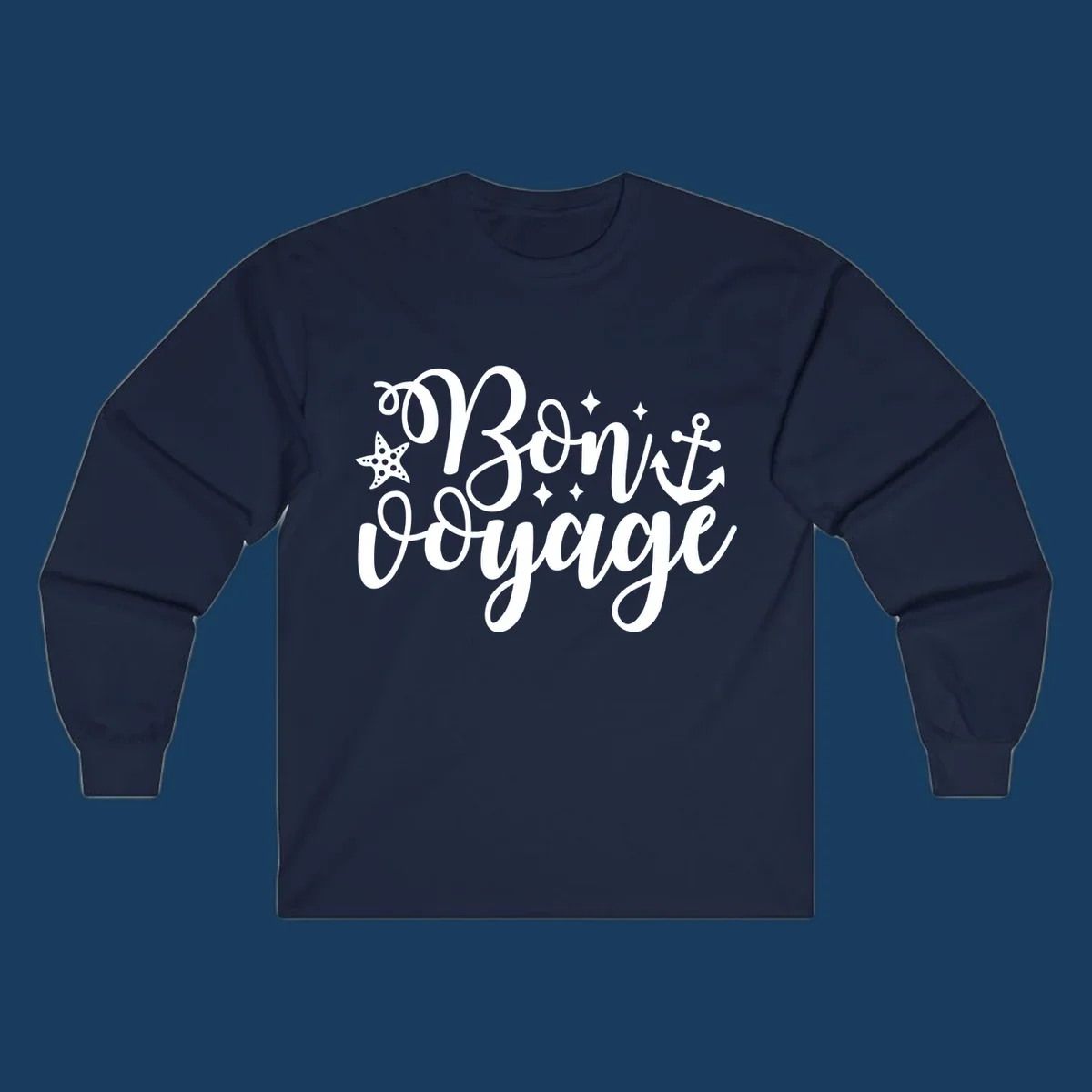Bon voyage nautical design with starfish and anchor text.