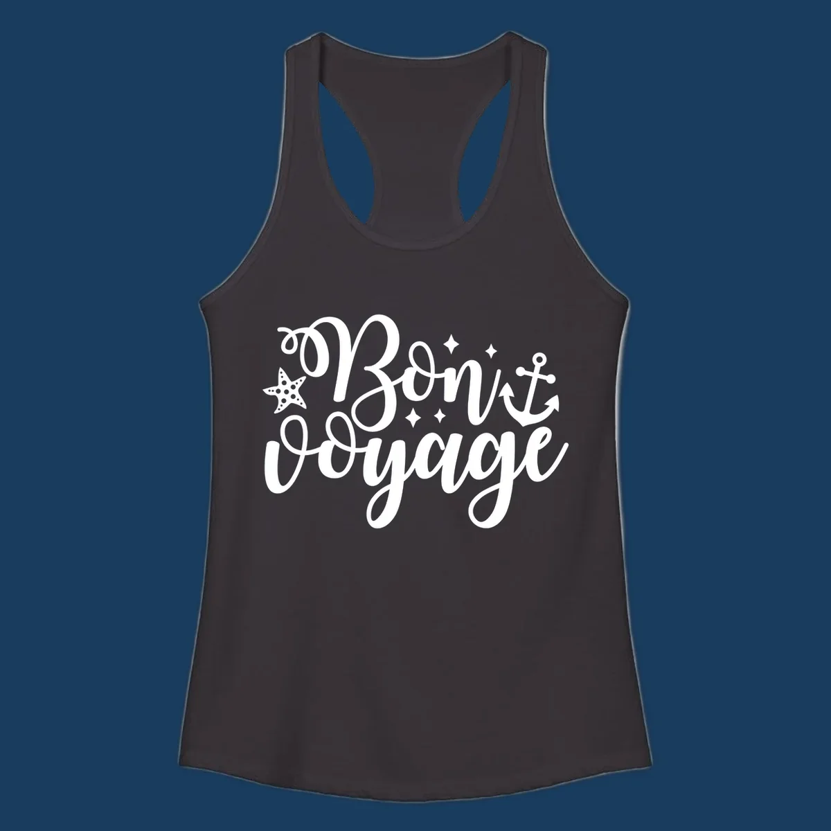 Bon voyage nautical design with starfish and anchor text.
