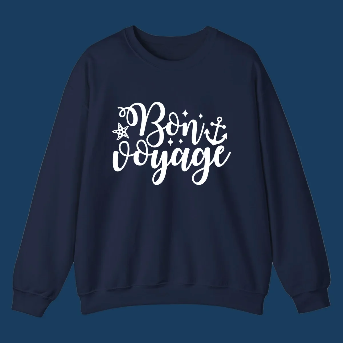 Bon voyage nautical design with starfish and anchor text.