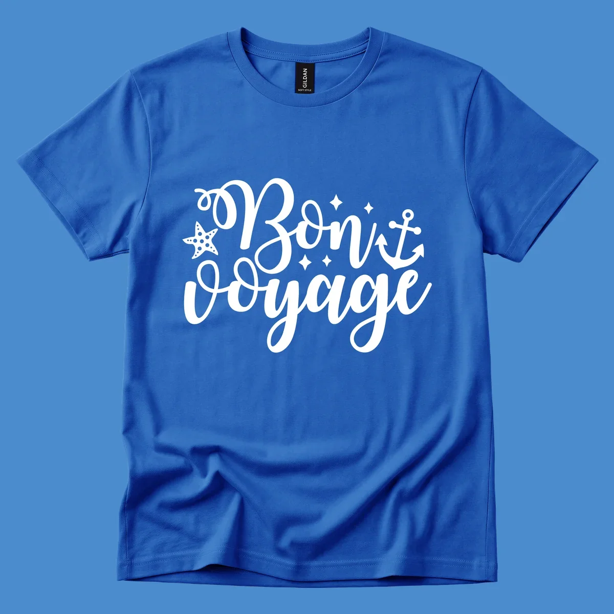 Bon voyage nautical design with starfish and anchor text.