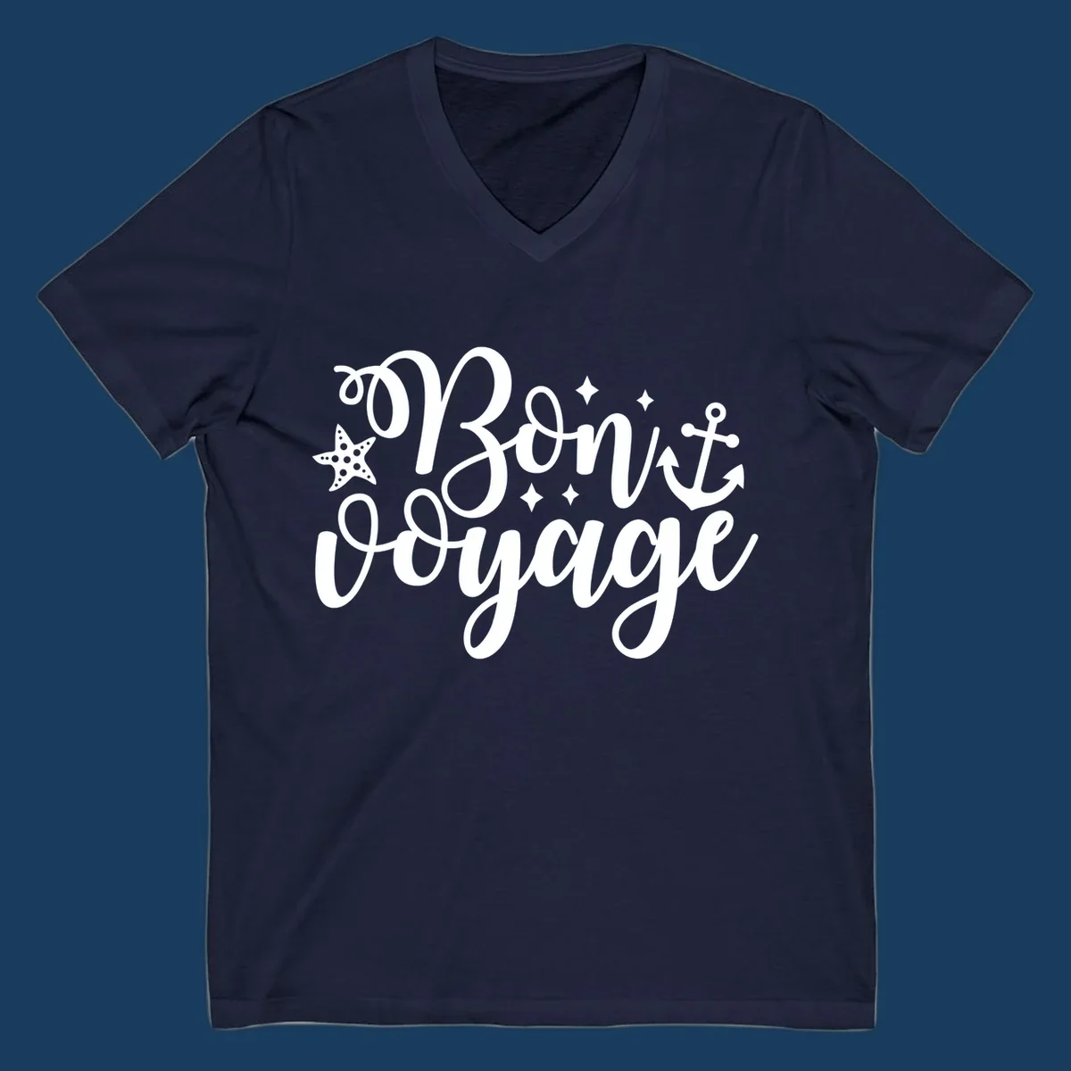 Bon voyage nautical design with starfish and anchor text.