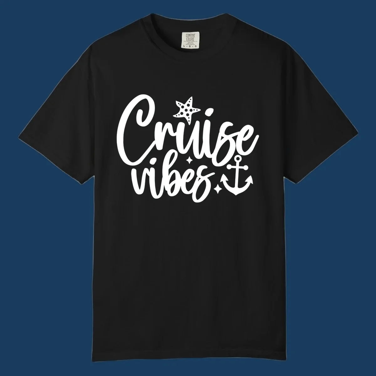 Cruise vibes text with starfish and anchor illustration.