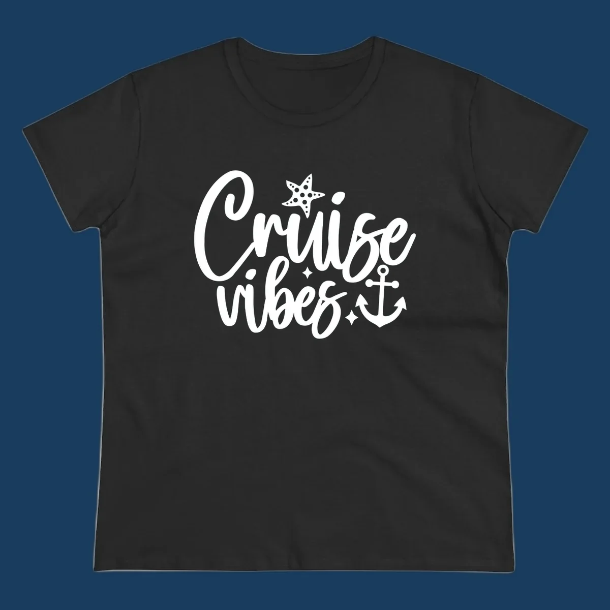 Cruise vibes text with starfish and anchor illustration.