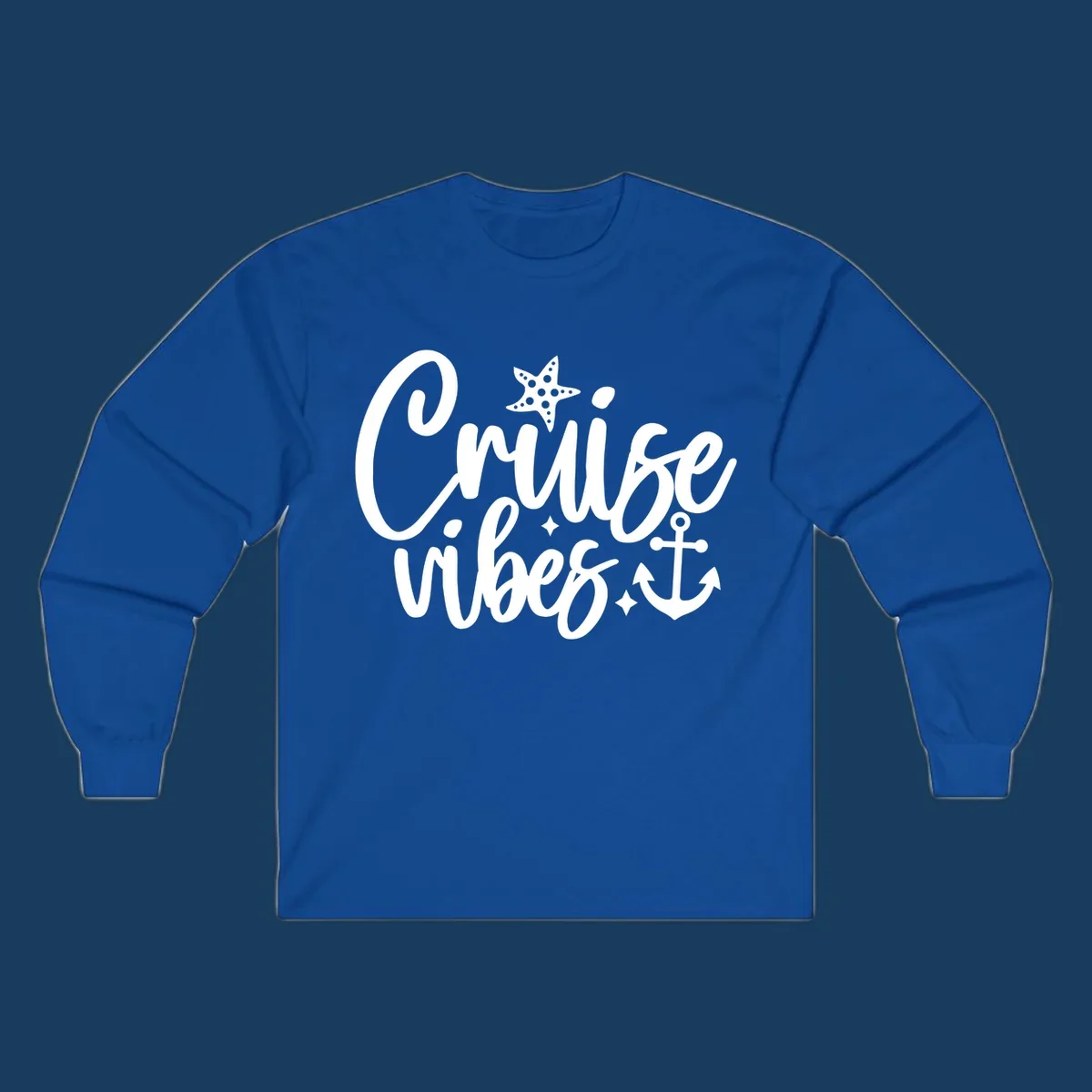 Cruise vibes text with starfish and anchor illustration.