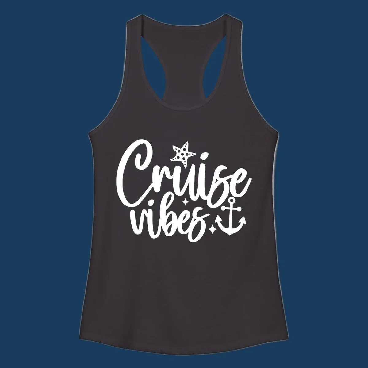 Cruise vibes text with starfish and anchor illustration.