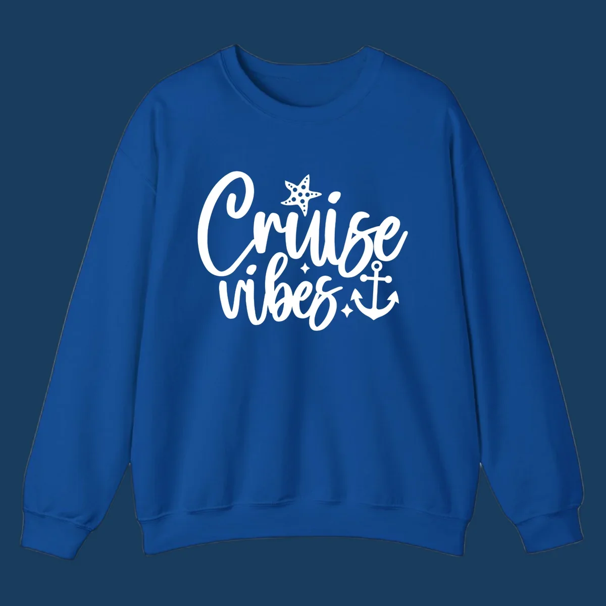 Cruise vibes text with starfish and anchor illustration.