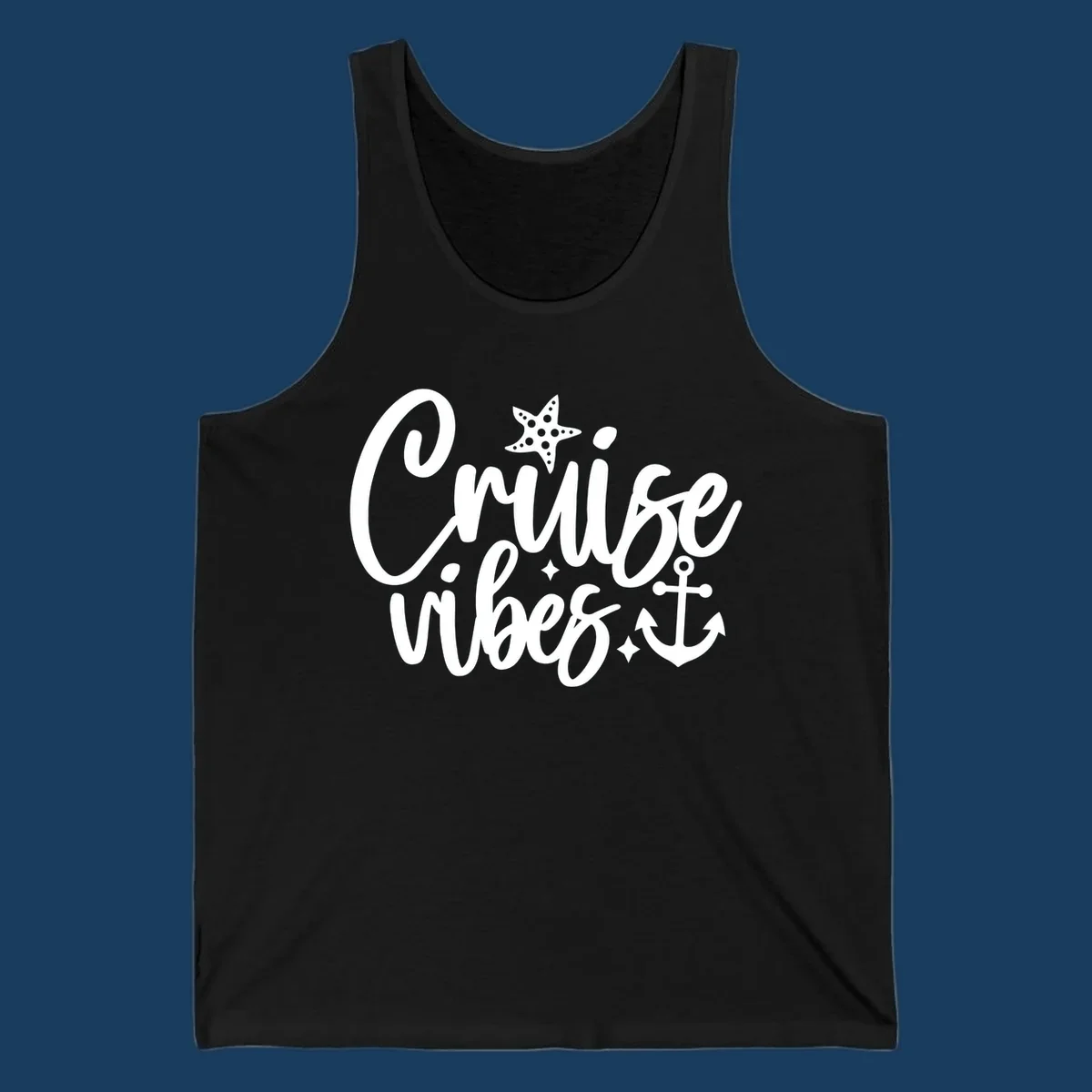 Cruise vibes text with starfish and anchor illustration.