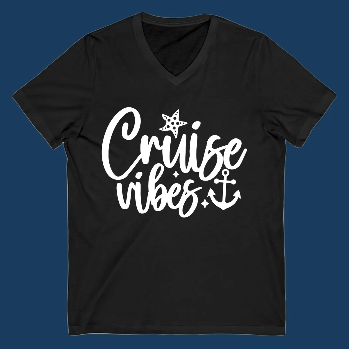 Cruise vibes text with starfish and anchor illustration.