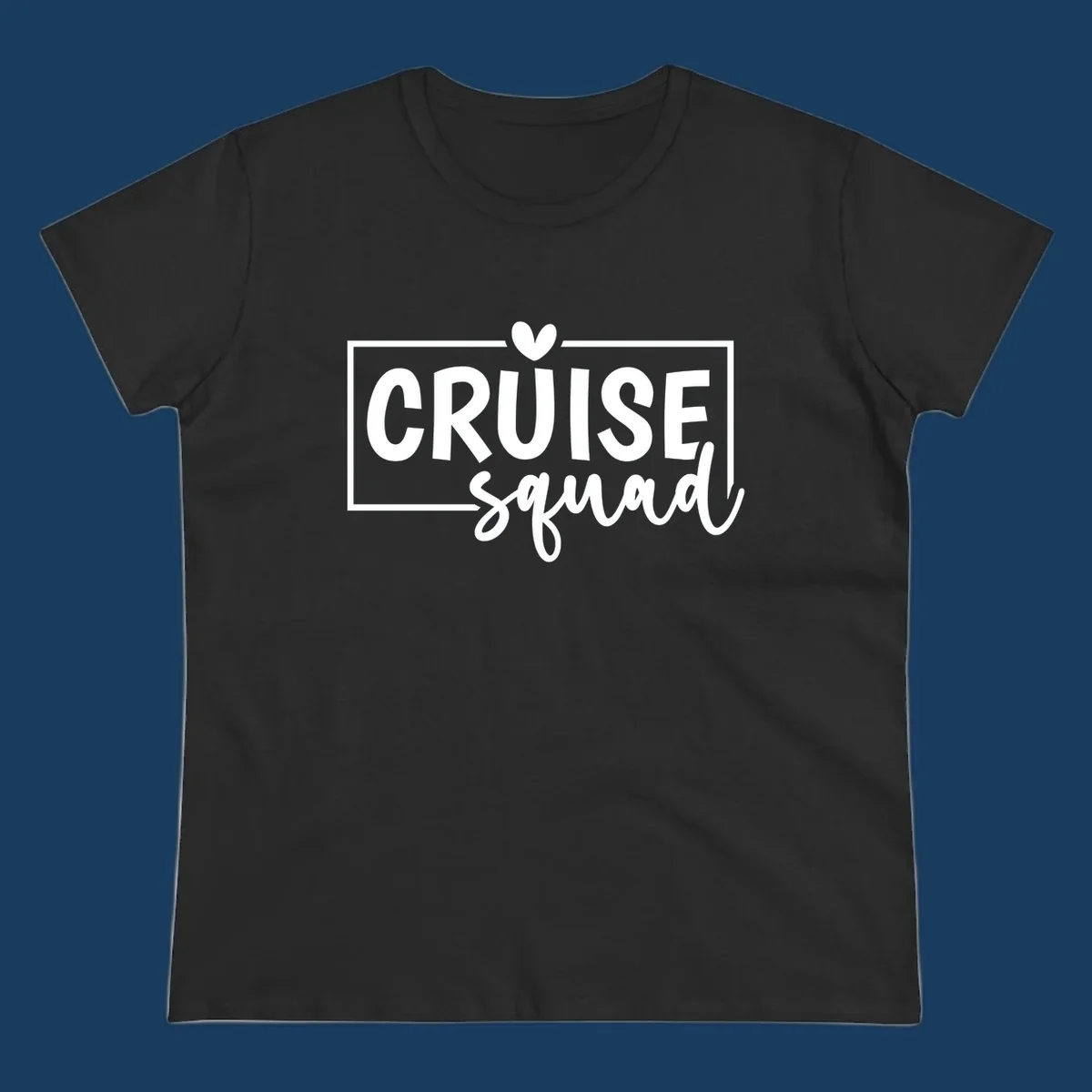 Cruise Squad text design with a heart icon and border. 