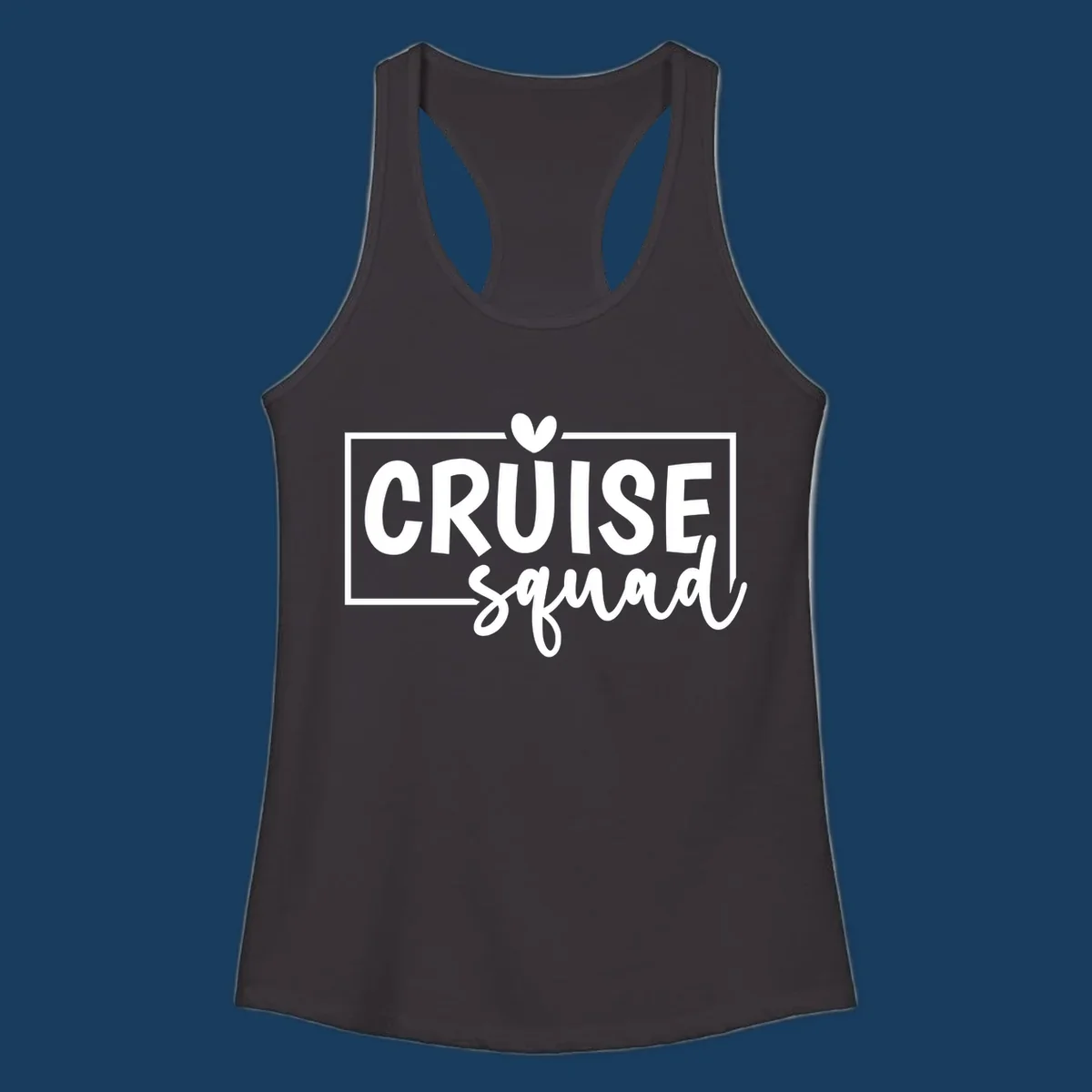 Cruise Squad text design with a heart icon and border. 