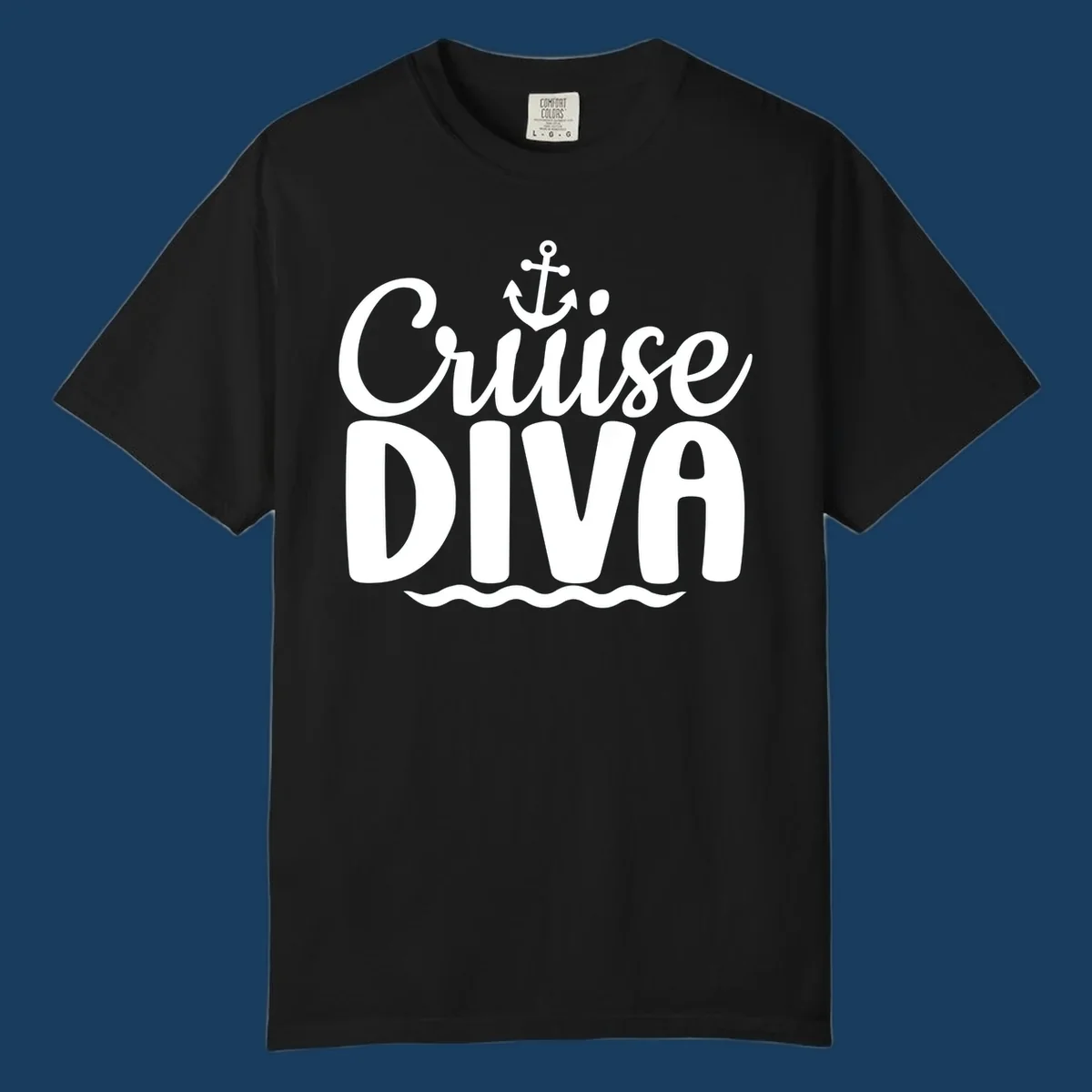 White text and graphics saying 'Cruise DIVA' with an anchor and waves, for a cruise diva.