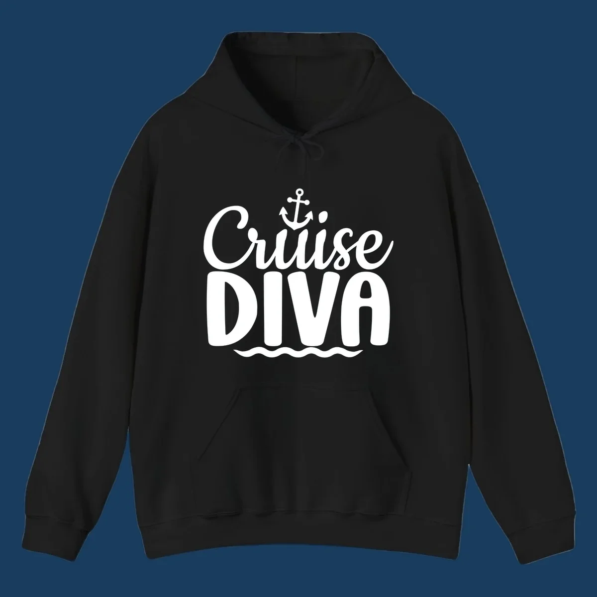 White text and graphics saying 'Cruise DIVA' with an anchor and waves, for a cruise diva.