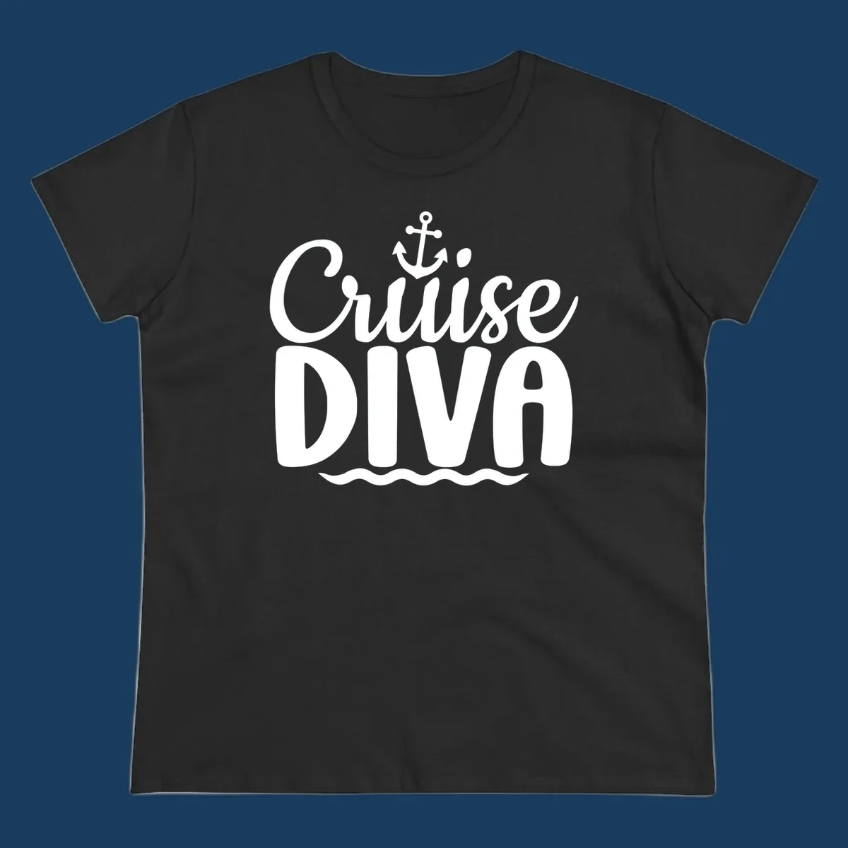 White text and graphics saying 'Cruise DIVA' with an anchor and waves, for a cruise diva.