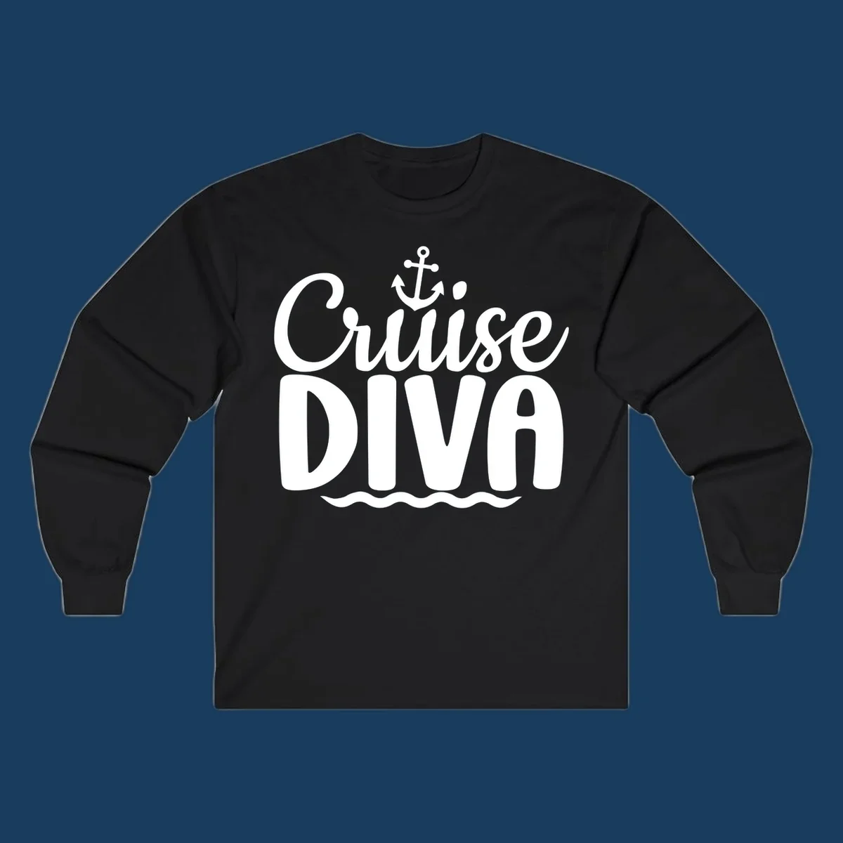 White text and graphics saying 'Cruise DIVA' with an anchor and waves, for a cruise diva.
